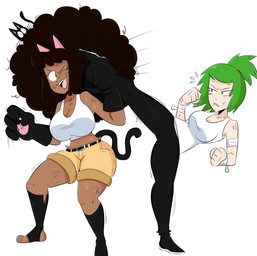 afro ambiguous_gender bandage bandaged_arm big_breasts biped black_hair blocking blocking_kick bodily_fluids breasts cleavage clothed clothed_female clothed_human clothed_humanoid clothing duo_focus fangs female feral fight green_hair group hair kick midriff one_eye_closed open_mouth open_smile ponytail sharp_teeth smile sweat teeth trio jinu kadyn_(jinu) katthy_(jinu) animal_humanoid cat_humanoid domestic_cat felid felid_humanoid feline feline_humanoid felis human humanoid mammal mammal_humanoid 2018 digital_drawing_(artwork) digital_media_(artwork) hi_res