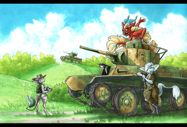 angry anthro armored_vehicle backpack barefoot black_bars blonde_hair blue_body blue_eyes blue_fur boots breasts brown_body brown_fur camera cannon clothed clothing detailed_background disappointed feet female flower footwear fur grass green_eyes green_hair group hair hat headgear headwear horn machine open_mouth plant ranged_weapon red_body shoes shrub tail tail_tuft tank_(vehicle) teeth tracked_vehicle trio tuft turret vehicle weapon ewgengster bt_(tank) mythology chuian dragon ferrin mammal mythological_creature mythological_scalie scalie 2021 absurd_res hi_res letterbox traditional_media_(artwork)