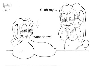 amazed anthro big_breasts blush blush_lines bra breast_expansion breast_rest breast_size_difference breast_squeeze breast_squish breasts cleavage clothed clothing dialogue dipstick_ears duo ear_markings ears_back expansion eyelashes female glistening glistening_eyes gloves hair hand_on_cheek hand_on_face handwear huge_breasts hyper hyper_breasts loli long_ears long_eyelashes looking_at_breasts looking_at_own_breasts looking_at_self multicolored_ears navel nipples nude open_mouth oppai_loli panties pivoted_ears pupils sagging_breasts scut_tail short_tail simple_background sparkles squeezing squish standing surprised tail text topless topless_female underwear white_background wide_hips young young_anthro abesdrawings sega sonic_the_hedgehog_(series) cream_the_rabbit vanilla_the_rabbit lagomorph leporid mammal rabbit absurd_res black_and_white english_text hi_res monochrome watermark daughter_(lore) mother_(lore) mother_and_child_(lore) mother_and_daughter_(lore) parent_(lore) parent_and_child_(lore) parent_and_daughter_(lore)