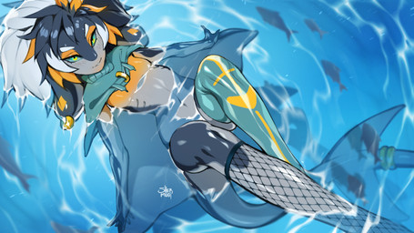 anthro biped blush breasts clothed clothed_anthro clothed_female clothing featureless_breasts female fingers gills hair looking_at_viewer navel non-mammal_breasts small_breasts smile solo tail teeth water shermugi aquatic fish shark 16:9 2026 digital_drawing_(artwork) digital_media_(artwork) hi_res widescreen