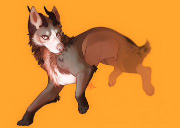 animal_genitalia black_horn cheek_tuft chest_tuft depth_of_field facial_tuft feral fully_sheathed fur genitals glistening glistening_eyes grey_body grey_fur horn looking_at_viewer male mouth_closed neck_tuft orange_background pink_nose quadruped red_eyes sheath simple_background solo tuft white_body white_fur riorix 2016 dated full-length_portrait portrait signature