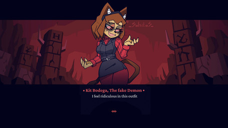 4_fingers alternate_costume anthro bangs belt black_clothing black_miniskirt black_nose black_topwear black_vest breasts brown_body brown_hair brown_skin brown_tail cave claws clothing cosplay crossover_cosplay dating_sim dialogue_box embarrassed eyelashes eyeliner eyewear fake_horns female finger_claws fingers furrowed_eyebrows gui hair hell inside long_sleeves looking_away makeup medium_breasts open_mouth pillar red_clothing red_eyes red_topwear rock short_hair solo style_emulation sunglasses sweater tail talking_to_viewer text thick_thighs topwear triangle_nose turtleneck underground vest visual_novel_interface whiskers wide_hips salsitas gameoverse glitch_productions helltaker kit_bodega domestic_cat felid feline felis mammal 2026 absurd_res artist_name cel_shading crossover english_text hi_res letterbox portrait shaded three-quarter_portrait