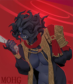 1_eye big_breasts black_body blood bodily_fluids breasts claws clenched_teeth clothed clothing crossgender female glowing hand_holding looking_at_viewer mtf_crossgender nails one_eye_closed partially_clothed red_eyes sharp_teeth simple_background skimpy solo teeth difman elden_ring fromsoftware mohg_lord_of_blood demon humanoid omen_(elden_ring) hi_res signature