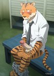 5_fingers anthro balls bench blush bottomwear bottomwear_down clothed clothing erection feet fingers fur genitals humanoid_genitalia humanoid_penis locker_room male necktie open_mouth pants pants_down partially_clothed penis shirt sitting solo stripes tail teeth toes topwear aledonrex beastars bill_(beastars) bengal_tiger felid mammal pantherine tiger digital_media_(artwork) hi_res