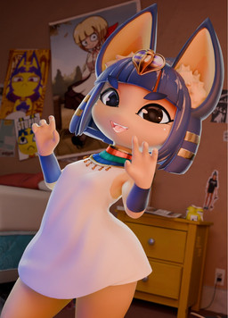 4_fingers accessory anthro bangs bare_shoulders bed bedroom black_eyes blue_hair blunt_bangs blurred_background bob_cut breasts clothing dress dutch_angle egyptian egyptian_clothing fangs female fingers furniture hair hair_accessory inner_ear_fluff inside jewelry kalasiris looking_at_viewer necklace open_mouth open_smile poster short_hair shortstack shortstack_female small_breasts smile smiling_at_viewer solo teeth tuft uraeus usekh white_clothing white_dress wide_hips yellow_body rosoero zy0n7_(modeler) animal_crossing ankha_zone nintendo ongezellig ankha_(animal_crossing) domestic_cat felid feline felis mammal 3d_(artwork) digital_media_(artwork) hi_res