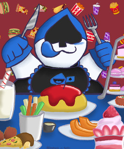 beverage bib blue_blush blue_clothing blue_gloves blue_handwear blush burger cake cantaloupe chicken_meat clothed clothing container cookie cup cutlery dessert eyeless food fork fried_chicken fruit glass gloves handwear happy ice_cream ketchup kitchen_utensils knife leotard macaron_(food) male meat melon milk not_furry omurice_(food) pattern_background pizza plant sauce simple_background smile soda solo strawberry sundae sushi taco tongue tools vegetable white_body young lunarpanda8686 deltarune undertale_(series) lancer_(deltarune) darkner humanoid sandwich_(disambiguation) straw_(disambiguation) 5:6 digital_media_(artwork) hi_res