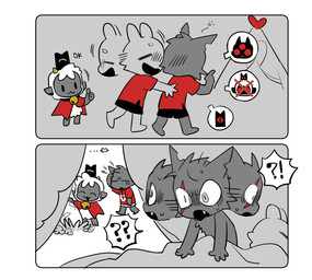 ambiguous_anthro ambiguous_gender anthro black_body black_fur egg eye_scar eyes_closed facial_scar fur gesture group hand_gesture head_tuft notched_ear scar surprised tent thumbs_up tuft walking white_body white_fur white_wool wool_(fur) 2_3up cult_of_the_lamb massive_monster_(studio) aym_(cult_of_the_lamb) baal_(cult_of_the_lamb) lamb_(cult_of_the_lamb) bovid caprine domestic_cat felid feline felis mammal sheep 2026 comic digital_drawing_(artwork) digital_media_(artwork) hi_res