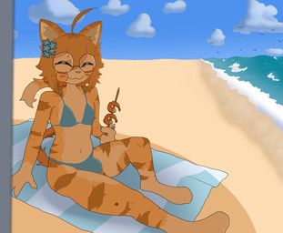 ahoge anthro bangs beach bikini birthmark black_eyeshadow blue_bikini blue_clothing blue_swimwear bulge clothing eyelashes eyes_closed eyeshadow eyewear femboy flower food forget-me-not_(flower) front_view fur glasses glistening_eyelids hair long_eyelashes makeup male markings messy_hair orange_body orange_fur paws pink_nose plant shrimp_(food) solo swimwear two-piece_swimsuit aimi_nanao_(artist) domestic_cat felid feline felis mammal tabby_cat digital_media_(artwork) full-length_portrait hi_res portrait