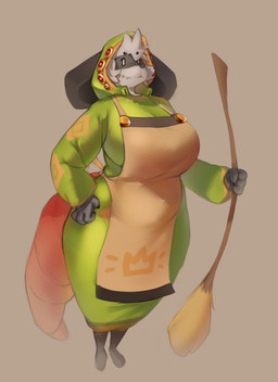 anthro apron belly big_breasts big_butt big_tail biped black_body breasts broom butt cleaning_tool clothed clothing curvy_figure cute_fangs fangs feet female freckles hair hairless_tail hood hooded_robe jewelry messy_hair multicolored_body robe simple_background slightly_chubby solo standing tail teeth thick_thighs tight_clothing two_tone_body white_eyes white_hair wide_hips rtuo atlyss sally_(atlyss) american_opossum chang_(atlyss) mammal marsupial 2026 absurd_res hi_res