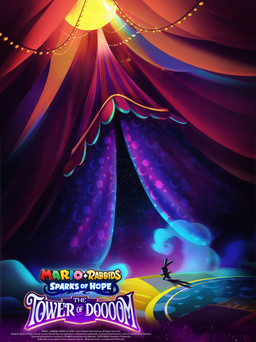 ambiguous_anthro ambiguous_gender anthro black_body blue_carpet ceiling_lamp copyright_symbol featureless_legs inside lamp light long_ears purple_carpet purple_curtains red_curtains running smoke solo sparkles string_lights symbol text title year chiara_tomasello mario_plus_rabbids_sparks_of_hope nintendo raving_rabbids rayman_(series) ubisoft lagomorph mammal rabbid 2024 absurd_res colored crossover digital_drawing_(artwork) digital_media_(artwork) english_description english_text hi_res lighting official_art shaded