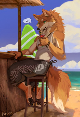 alcohol anthro barefoot beach beach_bar beverage bottomwear claws clothing cloud cocktail cocktail_glass container cup dipstick_tail drinking_glass drinking_straw feet finger_claws fur furniture genitals glass glass_container glass_cup green_eyes jewelry male markings neck_tuft necklace pants pawpads paws pendant penis sand shirt sitting sky solo stool surfboard tail tail_markings tan_body tan_fur tank_top toe_claws topwear tuft water whiskers favenirr favenirr_(character) canid canine canis mammal wolf 2026 digital_media_(artwork) signature