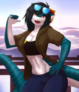 anthro big_breasts black_hair bottomwear bra breasts cleavage clothed clothing collarbone day denim denim_bottomwear denim_clothing detailed_background eyewear female hair jacket jeans midriff navel non-mammal_breasts open_clothing open_jacket open_mouth open_topwear orange_eyes outside pants sky smile solo sports_bra sunglasses teeth tomboy tongue topwear underwear xaenyth aquatic fish shark 2021 absurd_res digital_media_(artwork) hi_res