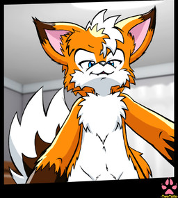 adolescent anthro blue_eyes chest_tuft cute_fangs fangs first_person_view fur genitals inside looking_at_viewer looking_down male mischievous_smile multicolored_body multicolored_fur nude orange_body penis penis_base simple_background smile solo tail teeth tuft white_body white_fur young twotails canid canine fox mammal digital_media_(artwork) signature