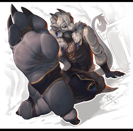 anthro barefoot black_bars claws clothing feet foot_focus hair horn male paws ring_on_leg soles solo tail toes kredri mythology dragon mythological_creature mythological_scalie scalie letterbox