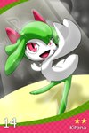 card_template clothed clothing female green_body green_hair hair performance performing red_eyes smile spotlight spotlight_beam vulapa nintendo pokemon kitana_(vulapa) generation_3_pokemon kirlia pokemon_(species) 2:3 hi_res