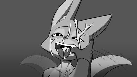 bodily_fluids cum cum_in_mouth cum_inside cum_on_face disembodied_hand duo female finger_in_mouth genital_fluids heart_eyes heart_symbol male mostly_offscreen_character smile smiling_at_viewer tail tail_motion tailwag tongue tongue_out purpleflamensfw dreamworks the_bad_guys diane_foxington canid canine mammal 16:9 monochrome widescreen