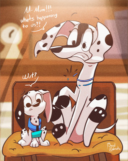 age_progression age_regression age_swap black_nose black_paws black_spots blue_collar broken_collar clenched_teeth collar duo eyebrows female floating_eyebrows floppy_ears fur heterochromatic_ears markings partial_speech_bubble pupils quadruped sitting snout spots spotted_body spotted_ears spotted_legs spotted_markings teeth toony white_body white_fur white_spots dauddalmata 101_dalmatian_street 101_dalmatians disney dee_dee_(101_dalmatians) delilah_(101_dalmatians) canid canine canis dalmatian domestic_dog mammal hi_res