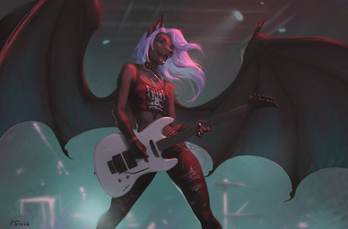 5_fingers anthro biped bottomwear breasts clothed clothed_anthro clothed_female clothing collar ear_piercing electric_guitar eyes_closed female fingers front_view fully_clothed fully_clothed_anthro fully_clothed_female gloves guitar hair handwear inside musical_instrument open_mouth piercing plucked_string_instrument purple_hair solo standing string_instrument teeth tongue topwear wings eruca bat mammal 2025 digital_drawing_(artwork) digital_media_(artwork)