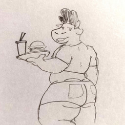 anthro beverage_can big_butt bite biting_lip bottomwear burger butt clothing dark_hair food looking_at_viewer looking_back male seductive shorts slightly_chubby solo tray waiter capivara_furra capivara_(capivara_furra) capybara caviid mammal rodent hi_res