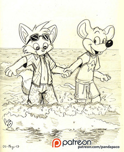 anthro closed_smile clothed clothing duo front_view hand_holding logo male mouth_closed open_clothing open_mouth open_smile open_topwear outside partially_submerged patreon_logo shirt smile standing t-shirt text topwear young young_anthro young_male pandapaco patreon canid canine fox mammal mouse murid murine rodent 2017 artist_logo signature spot_color url