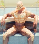 3_fingers abs animal_genitalia biceps bodypaint face_paint fingers genital_slit genitals in_pool looking_at_viewer male muscular muscular_male nude palm_frond pecs pool presenting_slit sitting solo spread_legs spread_slit spreading teeth water wet kagekave bioware electronic_arts mass_effect verros alien humanoid turian 3d_(artwork) digital_media_(artwork) hi_res