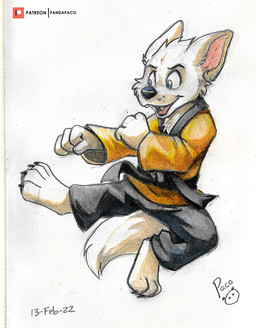 action_pose anthro black_bottomwear black_claws black_clothing black_nose black_pants black_pawpads blue_eyes bottomwear cheek_tuft claws clothed clothing facial_tuft fangs fur glistening glistening_eyes head_tuft logo male open_mouth open_smile pants pawpads pose simple_background smile solo tail teeth topwear tuft white_background white_body white_fur white_tail yellow_clothing yellow_topwear young young_anthro young_male pandapaco canid canine mammal 2022 artist_logo dated hi_res signature