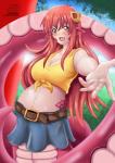 apode belly belt big_belly big_breasts bottomwear breasts clothed clothing female hair hand_out humanoid_pointy_ears legless long_hair monster_girl_(genre) open_mouth pink_hair pointy_ears pregnant pregnant_female pregnant_humanoid scales serpentine shirt skirt smile solo split_form tank_top text topwear yellow_eyes arrowdark monster_musume miia_(monster_musume) animal_humanoid draconcopode humanoid lamia reptile reptile_humanoid scalie scalie_humanoid snake snake_humanoid hi_res url