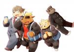 anthro cellphone clothing electronics eyewear glasses group overweight phone simple_background uniform white_background kinoshita-jiroh mekko_rarekko amanuma_shinichi buchi hamamura_saburou yamano_taishou canid canine canis domestic_dog mammal 2015