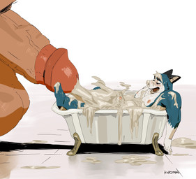 anthro balls bathtub blue_body bodily_fluids cum cum_on_body cum_on_face duo ejaculation genital_fluids genitals humanoid_genitalia humanoid_hands humanoid_penis kemono macro male male/male nipples open_mouth penis size_difference solo_focus gyuhosan canid canine canis domestic_dog mammal 2026 hi_res