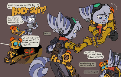 amputee anthro blue_eyes bottomwear brush clothing cybernetic_arm cybernetic_limb dialogue disability duo ear_piercing ear_ring eyewear eyewear_on_head female fur gloves goggles goggles_on_head handwear hug machine missing_arm open_mouth piercing profanity red_eyes ring_piercing scarf shirt shorts striped_body striped_fur stripes tank_top text toothbrush topwear goodboytown ratchet_and_clank sony_corporation sony_interactive_entertainment kit_(ratchet_and_clank) rivet_(ratchet_and_clank) lombax mammal robot 2024 absurd_res english_text hi_res