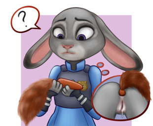 anal anal_penetration anthro anus butt buttplug buttplug_in_ass buttplug_insertion buttplug_tail clothed clothed/nude clothing confusion dildo fake_tail female fur genitals grey_body grey_fur nude object_in_ass partially_clothed penetration plug_(sex_toy) plug_insertion purple_eyes question_mark sex_toy sex_toy_in_ass sex_toy_insertion simple_background solo thought_bubble uniform vulva sukuratchu disney zootopia judy_hopps lagomorph leporid mammal rabbit