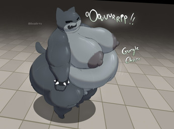 anthro balls big_butt big_moobs black_bracelet bodily_fluids bracelet burping butt checkered checkered_floor crossgender exclamation_point fangs fur genitals grey_body grey_ears grey_fur grey_nipples grey_tail high-angle_view huge_butt jewelry larger_but_small male moobs multicolored_body multicolored_fur navel nipples nude obese obese_anthro obese_male onomatopoeia overweight overweight_anthro overweight_male penis sharp_teeth small_balls small_penis solo sound_effects spiked_bracelet spikes standing sweat tail teeth text thick_thighs three-quarter_view two_tone_body two_tone_fur white_eyes axoarts mewgenics guillotina_(mewgenics) domestic_cat felid feline felis mammal 2026 artist_name digital_media_(artwork) hi_res