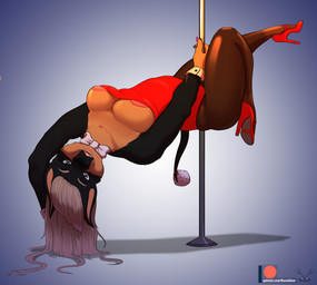 anthro big_breasts black_body black_fur blue_eyes bow_tie breasts brown_body brown_fur clothing dancing female footwear fur grey_hair hair high_heels legwear long_hair looking_at_viewer mature_female patreon_logo playboy_bunny pole pole_dancing shoes simple_background solo stockings text dr_zombie patreon canid canine canis dobermann domestic_dog mammal pinscher url
