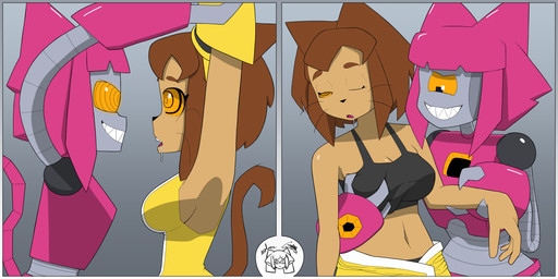 1_eye 2_panel_comic anthro black_bra black_clothing black_underwear bodily_fluids bra breast_grab breasts brown_body brown_hair clothed clothing drooling duo female female/female grey_background grey_body hair hand_on_breast holding_arm machine mind_control one_eye_closed open_mouth pupils saliva simple_background spiral spiral_eyes square_pupils underwear whiskers yellow_clothing sobergin gameoverse glitch_productions kit_bodega malice_(gameoverse) domestic_cat felid feline felis mammal robot robot_anthro 2026 2:1 absurd_res digital_media_(artwork) hi_res signature