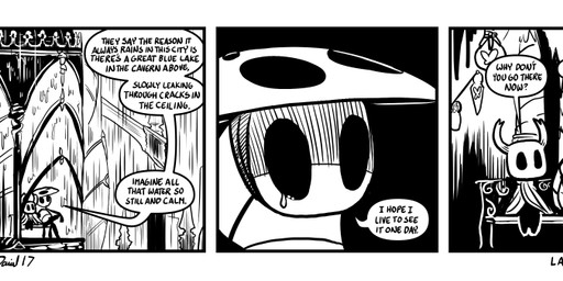 2_horns 3_panel_comic ambiguous_gender answer bench black_body black_eyes black_text bodily_fluids cloak clothing dialogue duo horn mask on_bench question question_mark raining sitting sitting_on_bench speech_bubble talking_to_another tears text p5ych hollow_knight_(franchise) team_cherry quirrel_(hollow_knight) the_knight_(hollow_knight) arthropod vessel_(species) artist_name black_and_white comic english_text monochrome