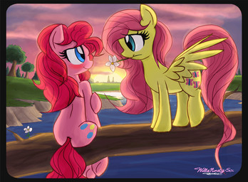 blue_eyes blush cutie_mark duo feathered_wings feathers female feral flower hair lake long_hair outside pink_hair plant quadruped romantic romantic_ambiance romantic_couple sunset tail water wings yellow_body yellow_feathers young willisrisque friendship_is_magic hasbro my_little_pony mythology fluttershy_(mlp) pinkie_pie_(mlp) earth_pony equid equine horse mammal mythological_creature mythological_equine pegasus pony 2013
