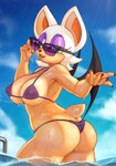 anthro big_breasts bikini breasts butt_cleavage clothed clothing cloud eyelashes eyeshadow eyewear female fur green_eyes makeup membrane_(anatomy) membranous_wings one_eye_closed outside partially_submerged pool purple_eyeshadow solo sunglasses swimwear tan_body tan_skin two-piece_swimsuit water white_body white_fur wings wink akeowi bearbeer twintailsfox sega sonic_the_hedgehog_(series) rouge_the_bat bat mammal absurd_res hi_res