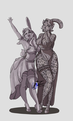 accessory anthro big_breasts biped blowing_kiss bottomless bottomwear bra breasts camel_toe classy cleavage clothed clothed_anthro clothed_female clothing duo eyes_closed female female/female female_anthro footwear fur garter hair high_heels legwear looking_at_viewer markings midriff one_eye_closed open_mouth plantigrade pose raised_arm scut_tail shoes short_hair short_tail simple_background skirt spots spotted_body spotted_fur standing tail thigh_highs three-quarter_view underwear white_background wink walas21 felid lagomorph leopard leporid mammal pantherine rabbit 2021 absurd_res dated digital_drawing_(artwork) digital_media_(artwork) full-length_portrait hi_res pinup portrait shaded signature simple_shading