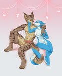 2017 absurd_res anthro arm_over_shoulder balls blue_body blue_eyes breasts brown_body brown_eyes domestic_cat duo entwined_tails felid feline felis female finger_grab front_view fur fur_markings genitals hand_on_cheek hi_res humanoid love male male/female mammal markings muscular muscular_male nude penis romantic sabre_(tid) sif simple_background striped_body striped_fur stripes syria_(tid) tail tail_coil tail_markings the-impeccable-dan