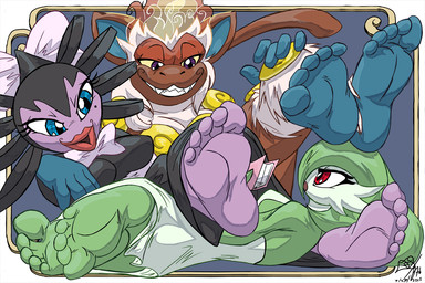 5_toes accessory alternative_fashion anthro blue_eyes bow_(feature) bow_accessory bow_ribbon breasts feet female fire foot_fetish foot_focus goth group hair_accessory hair_bow hair_ribbon hindpaw paws plantigrade purple_body purple_eyes red_eyes ribbons soles toes jammerhighwind nintendo pokemon gardevoir generation_3_pokemon generation_4_pokemon generation_5_pokemon gothitelle infernape mammal pokemon_(species) primate 2015