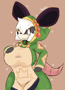 anthro apron bangs big_breasts black_nose breasts brown_background clothing empty_eyes eyelashes female furgonomic_headwear furgonomics green_clothing green_robe hair robe simple_background smile solo tail thick_thighs white_eyes white_hair wide_hips salchikokokoko atlyss sally_(atlyss) american_opossum mammal marsupial 2024 hi_res