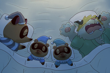 anthro bed bedding blanket detailed_background furniture group male male/male open_mouth pillow sleeping yawn yawning_position wo animal_crossing nintendo anonymous_character timmy_nook tom_nook_(animal_crossing) tommy_nook canid canine felid mammal pantherine raccoon_dog tanuki tiger 3:2