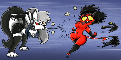 anthro areola big_breasts black_hair blowing bottomwear breasts clothing collar duo female fingerless_gloves fur genitals gloves grey_body grey_fur grey_hair hair handwear horn mostly_nude multicolored_body multicolored_fur navel nipples red_body red_sclera shorts toeless_legwear topwear two_tone_body two_tone_fur vulva white_body white_fur yellow_eyes shinragod hellaverse helluva_boss mythology loona_(helluva_boss) millie_(helluva_boss) canid canid_demon canine demon hellhound humanoid imp mammal mythological_canine mythological_creature 2025 digital_media_(artwork) hi_res