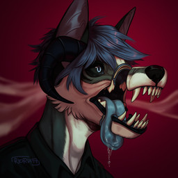 anthro black_body black_clothing black_fur black_horn black_nose black_sclera black_topwear blue_eyes blue_hair blue_tongue bodily_fluids bone cheek_tuft clothed clothing drooling facial_tuft fangs fur glistening glistening_eyes gore hair horn male saliva simple_background solo teeth three-quarter_view tongue tongue_out topwear tuft white_background white_body white_fur riorix canid mammal 1:1 2017 bust_portrait dated detailed hi_res icon portrait signature