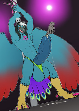 balls big_balls big_penis black_hair bodily_fluids claws clothing disembodied_hand duo erection feathers genital_fluids genitals hair huge_penis humanoid_genitalia humanoid_penis hyper hyper_genitalia hyper_penis long_claws male penetration penis pole precum public public_erection scales solo_focus strip_club stripper stripper_pole thong underwear undressing urethral urethral_penetration longblueclaw zylen_andel avian bird galliform peafowl phasianid