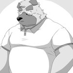 anthro belly blush clothing eyewear glasses kemono male overweight overweight_anthro overweight_male shirt simple_background solo topwear emufu canid canine canis domestic_dog mammal 1:1 2017 absurd_res black_and_white hi_res monochrome