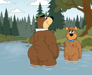anthro anus balls brown_body brown_fur butt duo fur genitals humanoid_genitalia humanoid_penis looking_at_another male male_anthro nude overweight overweight_anthro overweight_male penis size_difference slightly_chubby unclejock hanna-barbera yogi_bear boo-boo_bear yogi_bear_(character) bear brown_bear grizzly_bear mammal ursine hi_res