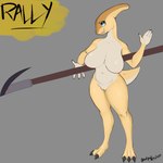 anthro areola big_breasts black_claws blue_eyes breasts brown_body brown_scales claws digitigrade eyelashes eyeshadow female genitals grey_background grey_eyeshadow holding_melee_weapon holding_object holding_polearm holding_spear holding_weapon huge_breasts looking_at_viewer makeup melee_weapon navel nipples non-mammal_breasts non-mammal_navel non-mammal_nipples nude open_mouth open_smile pink_areola pink_nipples polearm pussy scales simple_background smile solo spear tan_body tan_scales thick_thighs weapon wide_hips yellow_body yellow_scales mythrasboobhead dinosaur hadrosaurid ornithischian ornithopod parasaurolophus prehistoric_species reptile scalie 1:1 absurd_res hi_res