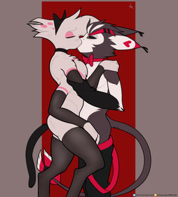anthro arm_warmers armwear black_sclera blush blush_lines butt cat_ear_headband chest_tuft choker clothed clothing duo eyeshadow fur half-closed_eyes heart_(marking) hug jewelry kissing leggings legwear makeup male male/male markings multi_arm multi_limb narrowed_eyes necklace partially_clothed seductive simple_background tail topless topless_male tuft undressing undressing_another white_body white_fur tkraccoon hazbin_hotel hellaverse angel_dust husk_(hazbin_hotel) arachnid arthropod demon felid feline mammal spider hi_res