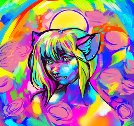 abby_(emergentmarkets) ambiguous_gender andromorph bangs_over_eyes bob_cut bright_colors facial_piercing intersex neon nose_piercing piercing septum_piercing simple_background snaggle_tooth solo emergentmarkets felid humanoid mammal headshot_portrait hi_res portrait